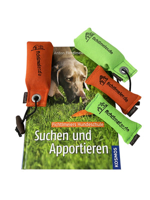 KOMPLETTPAKET: BUCH "SUCHEN+APPORTIEREN" + 4 DUMMYS GRÜN+ORANGE - best4dogs.de