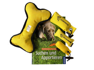 KOMPLETTPAKET: BUCH "SUCHEN+APPORTIEREN" + 4 DUMMYS GELB GEMISCHT - best4dogs.de